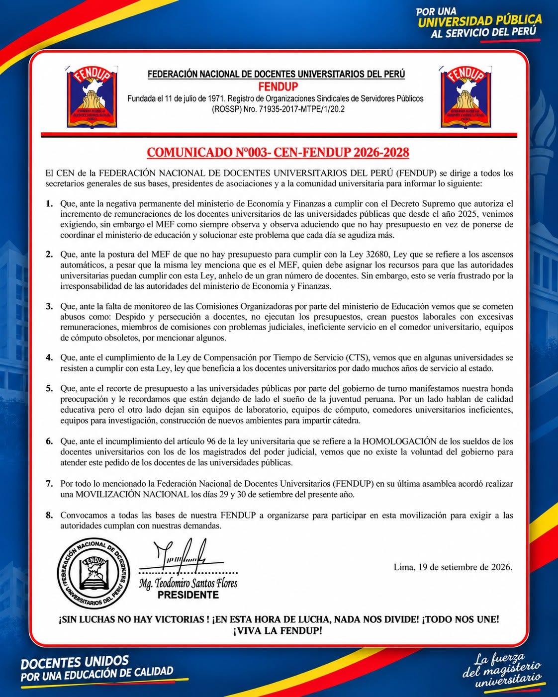 COMUNICADO N°003- CEN-FENDUP 2026-2028
