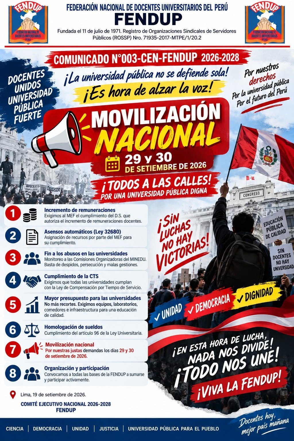 Movilización Nacional FENDUP – 29 y 30 de septiembre de 2026
